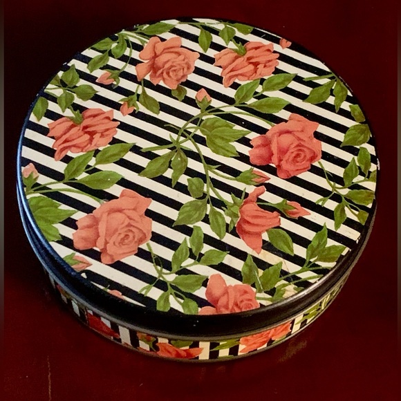 Mid Century Vtg Floral Striped Metal Lidded Candy Biscuit Tin - Picture 13 of 16